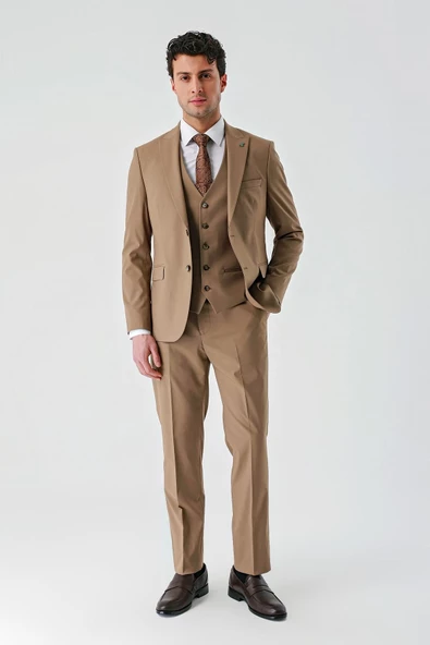 Tütün Gabardin Kırlangıç Yaka Yelekli Likralı 6 Drop Slim Fit Klasik Takım Elbise 1001240188 - Resim 3