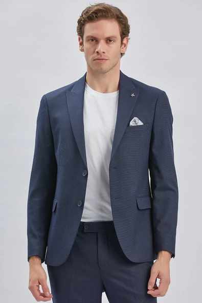 Koyu Lacivert Armürlü Kırlangıç Yaka Astarlı 6 Drop Slim Fit Dar Kesim Takım Elbise 1001240176 - 6