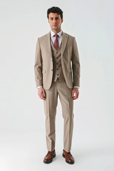 Koyu Camel Gabardin Kırlangıç Yaka Yelekli Likralı 6 Drop Slim Fit Klasik Takım Elbise 1001240188 - 7