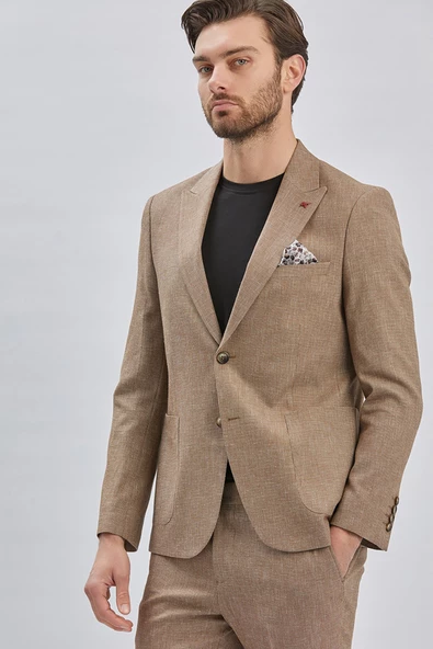 Kahverengi Kırlangıç Yaka Pamuklu Keten 6 Drop Slim Fit Dar Kesim Klasik Takım Elbise 1001240103 - 5