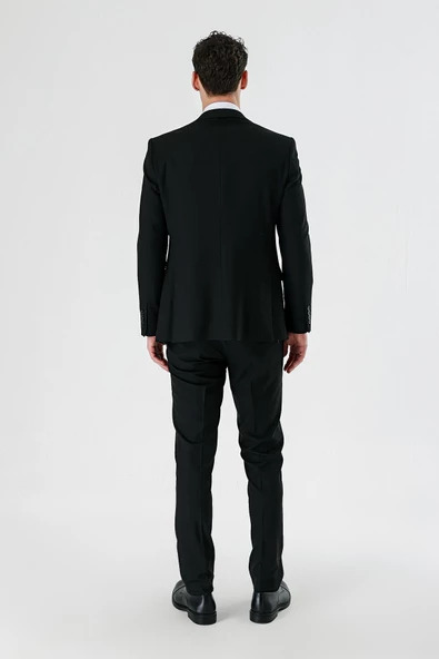 Siyah Kırlangıç Yaka Yelekli Likralı 6 Drop Slim Fit Dar Kesim Klasik Takım Elbise 1001240167 - 6