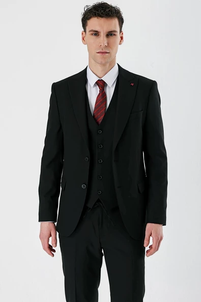 Siyah Kırlangıç Yaka Yelekli Likralı 6 Drop Slim Fit Dar Kesim Klasik Takım Elbise 1001240167 - 3