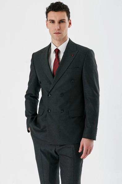 Koyu Antrasit Kırlangıç Yaka Kruvaze Likralı 6 Drop Slim Fit Klasik Takım Elbise 1001240166 - Resim 3