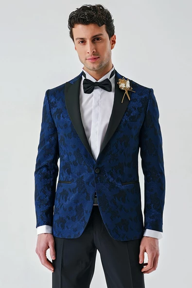 Koyu Lacivert Çıkarılabilir Kırlangıç Yaka Likralı 6 Drop Slim Fit Smokin Damatlık 1001240204 - 2
