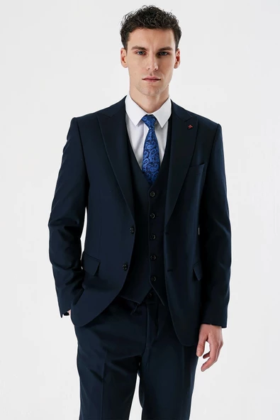 Koyu Lacivert Kırlangıç Yaka Yelekli Likralı 6 Drop Slim Fit Klasik Takım Elbise 1001240167