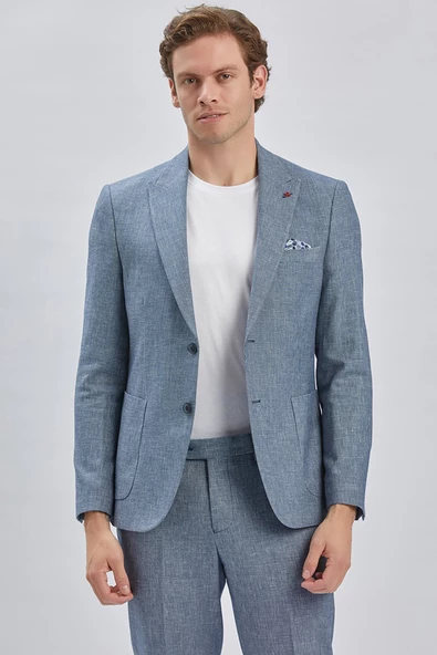 Koyu Lacivert Kırlangıç Yaka Pamuklu Keten 6 Drop Slim Fit Dar Kesim Klasik Takım Elbise 1001240103 - 5