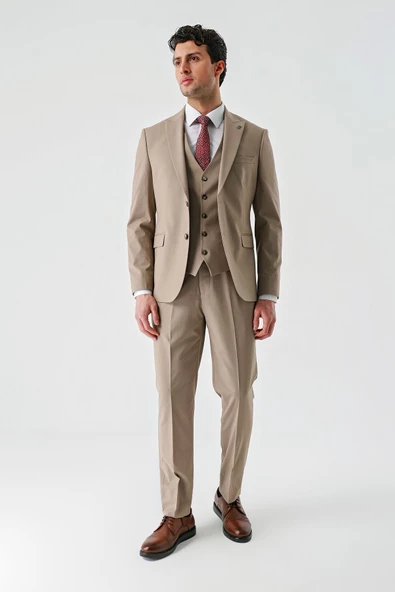 Koyu Camel Gabardin Kırlangıç Yaka Yelekli Likralı 6 Drop Slim Fit Klasik Takım Elbise 1001240188 - 9