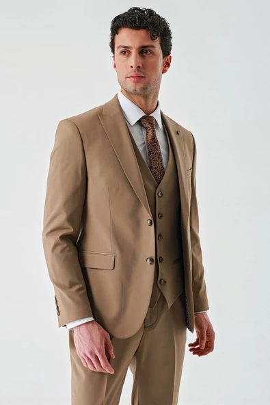 Tütün Gabardin Kırlangıç Yaka Yelekli Likralı 6 Drop Slim Fit Klasik Takım Elbise 1001240188 - Resim 6