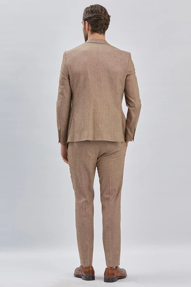 Kahverengi Kırlangıç Yaka Pamuklu Keten 6 Drop Slim Fit Dar Kesim Klasik Takım Elbise 1001240103 - 8