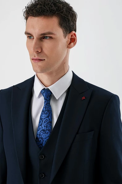 Koyu Lacivert Kırlangıç Yaka Yelekli Likralı 6 Drop Slim Fit Klasik Takım Elbise 1001240167 - 6