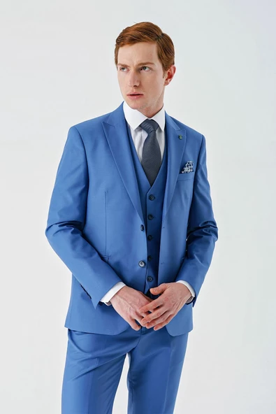 Mavi Gabardin Kırlangıç Yaka Yelekli 6 Drop Slim Fit Klasik Takım Elbise 1001240187 - 3