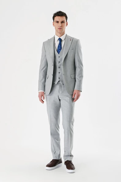 Gri Kırlangıç Yaka Yelekli Likralı 6 Drop Slim Fit Dar Kesim Klasik Takım Elbise 1001240167 - 7