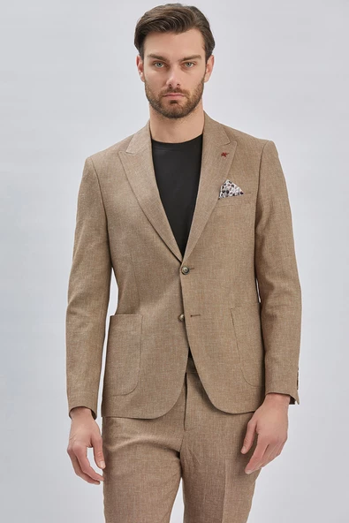 Kahverengi Kırlangıç Yaka Pamuklu Keten 6 Drop Slim Fit Dar Kesim Klasik Takım Elbise 1001240103 - 6