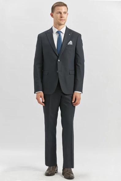 Koyu Lacivert Desenli Armürlü Kırlangıç Yaka Likralı 6 Drop Slim Fit Takım Elbise 1001240172 - 4