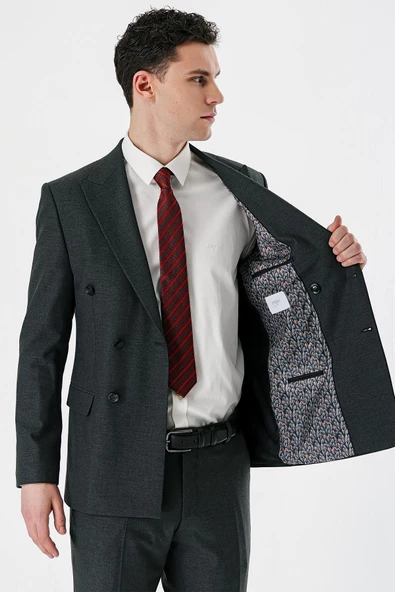 Koyu Antrasit Kırlangıç Yaka Kruvaze Likralı 6 Drop Slim Fit Klasik Takım Elbise 1001240166 - Resim 9