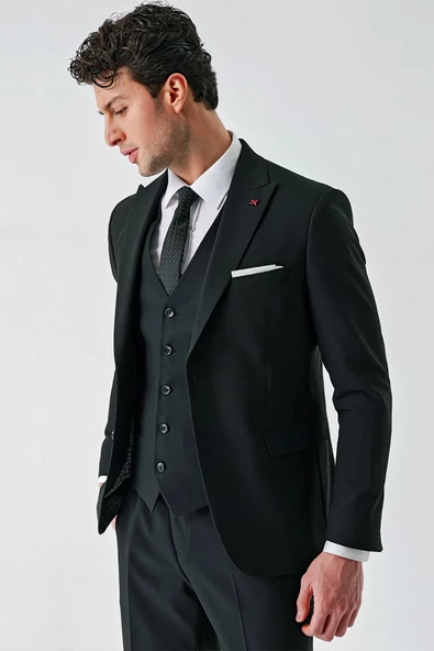 Siyah Kırlangıç Yaka Yelekli Likralı 6 Drop Slim Fit Klasik Takım Elbise 1001240168 - Resim 12