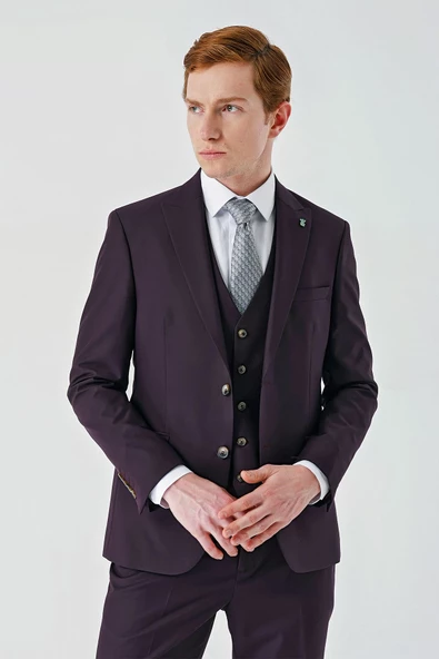 Mürdüm Gabardin Kırlangıç Yaka Yelekli 6 Drop Slim Fit Klasik Takım Elbise 1001240187 - 5