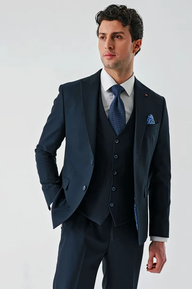 Koyu Lacivert Kırlangıç Yaka Yelekli Likralı 6 Drop Slim Fit Klasik Takım Elbise 1001240168 - 7