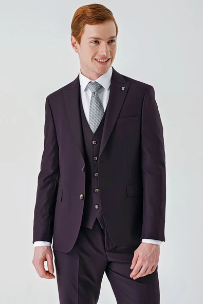 Mürdüm Gabardin Kırlangıç Yaka Yelekli 6 Drop Slim Fit Klasik Takım Elbise 1001240187 - 9