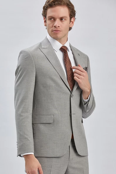Gri Çizgili Kırlangıç Yaka Astarlı 6 Drop Slim Fit Dar Kesim Takım Elbise 1001240175 - 3