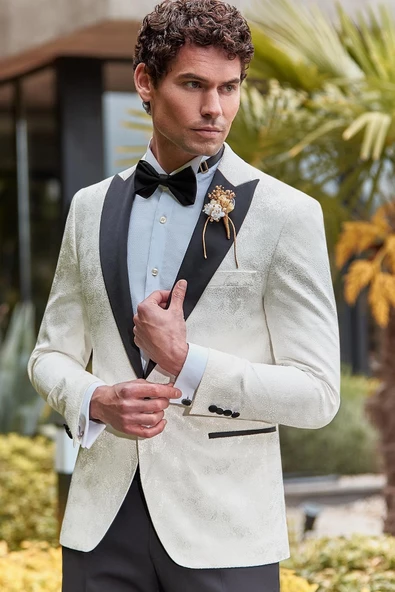 Açık Krem Çıkarılabilir Kırlangıç Yaka Likralı 6 Drop Slim Fit Smokin Damatlık 1001240204 ürün görseli