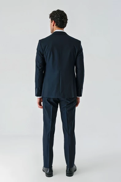 Koyu Lacivert Kırlangıç Yaka Yelekli Likralı 6 Drop Slim Fit Klasik Takım Elbise 1001240168 - 6