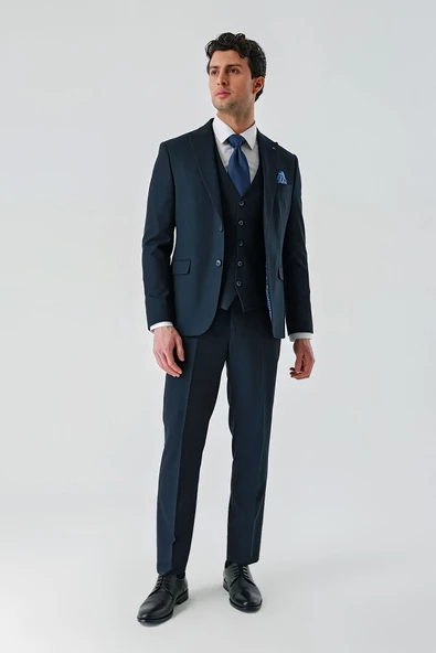 Koyu Lacivert Kırlangıç Yaka Yelekli Likralı 6 Drop Slim Fit Klasik Takım Elbise 1001240168 - 4