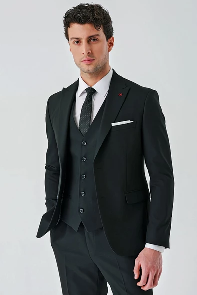 Siyah Kırlangıç Yaka Yelekli Likralı 6 Drop Slim Fit Klasik Takım Elbise 1001240168 - Resim 8