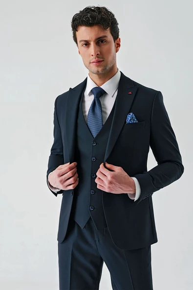 Koyu Lacivert Kırlangıç Yaka Yelekli Likralı 6 Drop Slim Fit Klasik Takım Elbise 1001240168 - 8