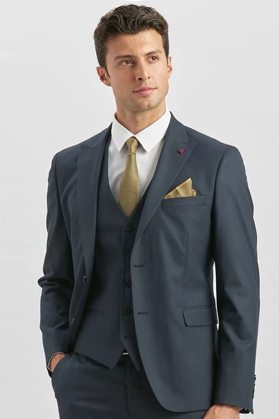 Koyu Lacivert Kırlangıç Yaka Astarlı Yelekli 6 Drop Slim Fit Klasik Takım Elbise 1001240179 - 5