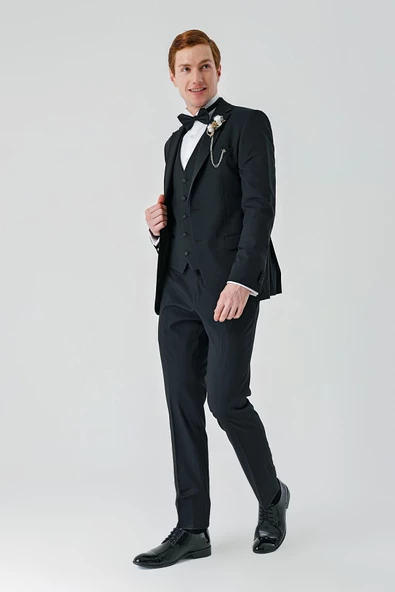 Siyah Çıkarılabilir Mono Yaka Yelekli Likralı 6 Drop Slim Fit Smokin Damatlık 1001240201 - 6