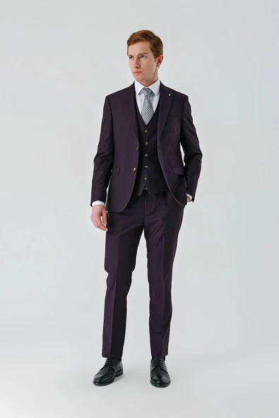Mürdüm Gabardin Kırlangıç Yaka Yelekli 6 Drop Slim Fit Klasik Takım Elbise 1001240187 - 4