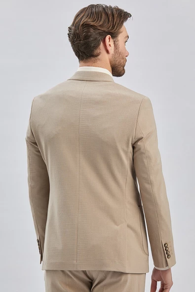 Koyu Bej Çizgili Mono Yaka Astarlı Likralı 6 Drop Slim Fit Dar Kesim Casual Takım Elbise 1001240171 - 6