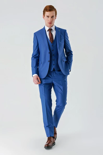 Saks Gabardin Kırlangıç Yaka Yelekli 6 Drop Slim Fit Klasik Takım Elbise 1001240187 - 2