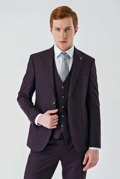 Mürdüm Gabardin Kırlangıç Yaka Yelekli 6 Drop Slim Fit Klasik Takım Elbise 1001240187 - 7
