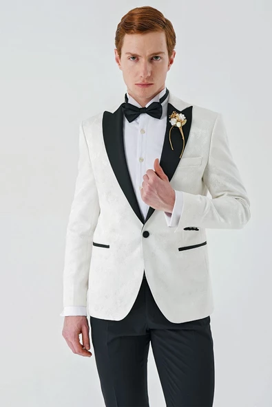 Açık Krem Çıkarılabilir Kırlangıç Yaka Likralı 6 Drop Slim Fit Smokin Damatlık 1001240204 - Resim 6