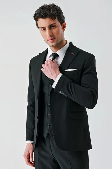 Siyah Kırlangıç Yaka Yelekli Likralı 6 Drop Slim Fit Klasik Takım Elbise 1001240168 - Resim 10