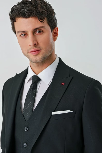 Siyah Kırlangıç Yaka Yelekli Likralı 6 Drop Slim Fit Klasik Takım Elbise 1001240168 - Resim 2