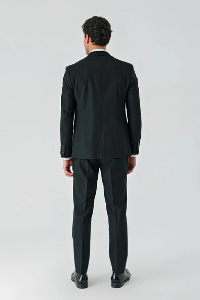 Siyah Kırlangıç Yaka Yelekli Likralı 6 Drop Slim Fit Klasik Takım Elbise 1001240168 - Resim 4