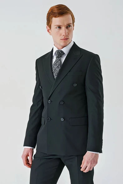 Siyah Kırlangıç Yaka Kruvaze Likralı 6 Drop Slim Fit Dar Kesim Casual Takım Elbise 1001240266 - 3