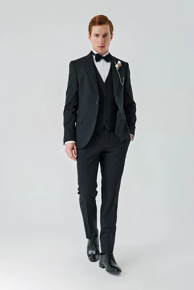 Siyah Çıkarılabilir Mono Yaka Yelekli Likralı 6 Drop Slim Fit Smokin Damatlık 1001240201 - 4