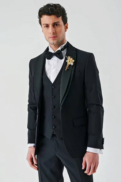 Siyah Çıkarılabilir Şal Yaka Yelekli Likralı 6 Drop Slim Fit Smokin Damatlık 1001240203 - 10