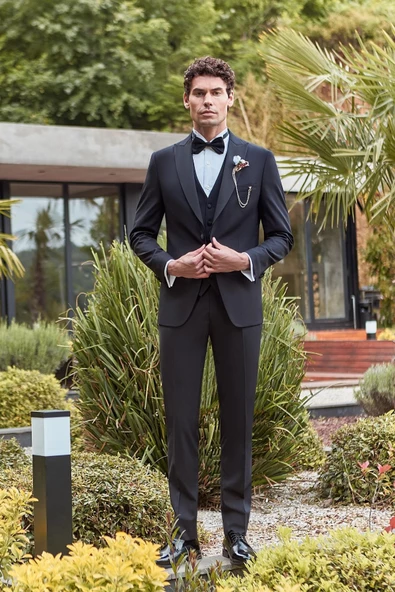 Siyah Çıkarılabilir Kırlangıç Yaka Yelekli Likralı 6 Drop Slim Fit Smokin Damatlık 1001240200 - 2