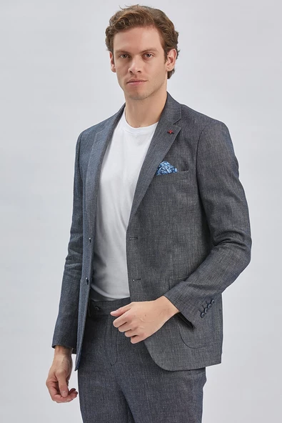Koyu Lacivert Armürlü Mono Yaka Keten Karışımlı 6 Drop Slim Fit Casual Takım Elbise 1001240169 - 5