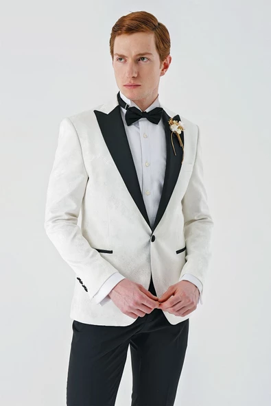 Açık Krem Çıkarılabilir Kırlangıç Yaka Likralı 6 Drop Slim Fit Smokin Damatlık 1001240204 - Resim 10