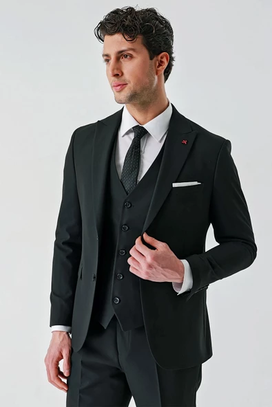 Siyah Kırlangıç Yaka Yelekli Likralı 6 Drop Slim Fit Klasik Takım Elbise 1001240168 - Resim 11