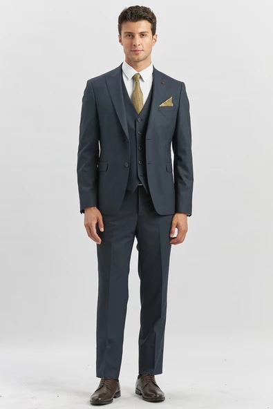 Koyu Lacivert Kırlangıç Yaka Astarlı Yelekli 6 Drop Slim Fit Klasik Takım Elbise 1001240179 - 4
