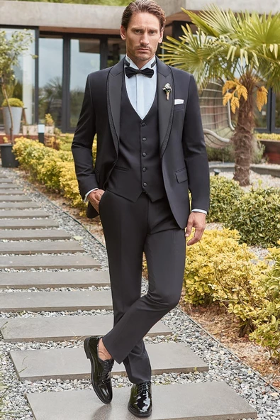 Siyah Çıkarılabilir Şal Yaka Yelekli Likralı 6 Drop Slim Fit Smokin Damatlık 1001240203 - 2