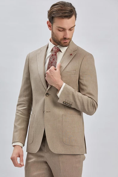 Bej Armürlü Mono Yaka Keten Karışımlı 6 Drop Slim Fit Dar Kesim Casual Takım Elbise 1001240169 - 3
