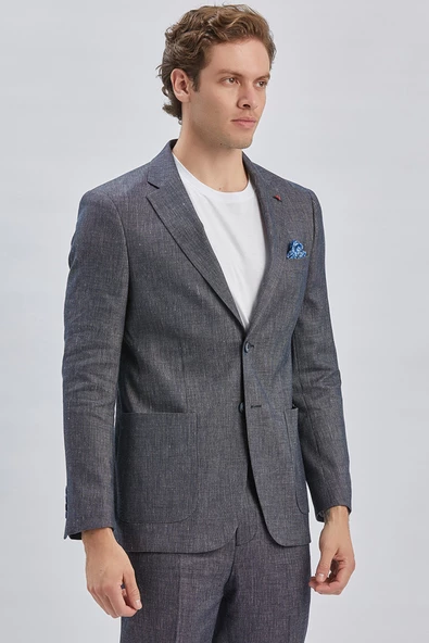 Koyu Lacivert Armürlü Mono Yaka Keten Karışımlı 6 Drop Slim Fit Casual Takım Elbise 1001240169 - 2